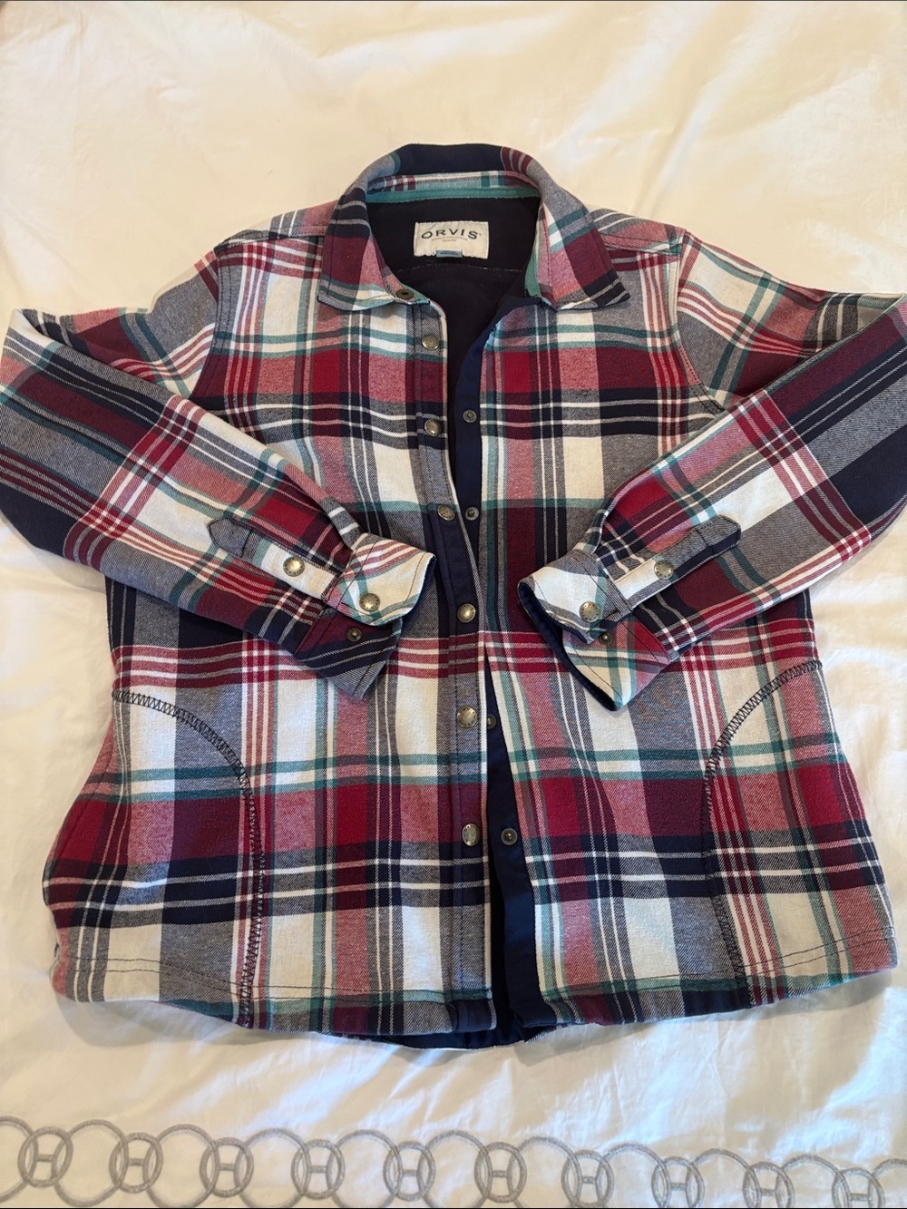 Orvis Red, Navy & Cream Plaid Snap-Front Shirt Jacket
